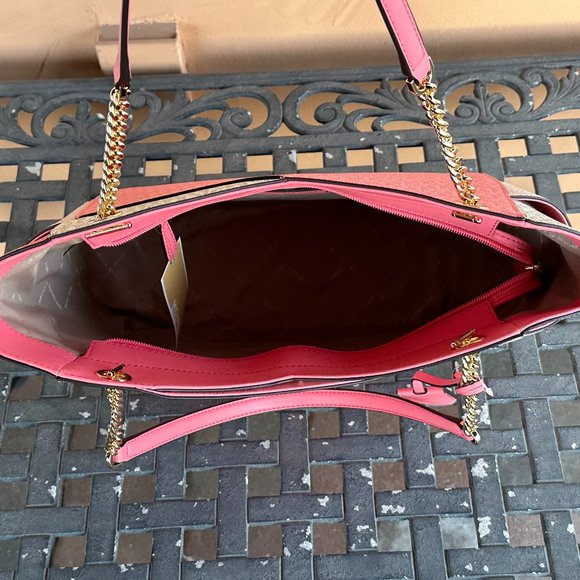 Michael Kors Jet Set Travel LG Chained Tote Shoulder Bag Color-Block MK Tea Rose - Picture 5 of 11